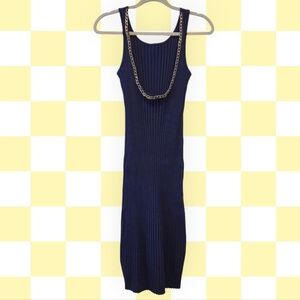 Elegant Navy Blue Dress with Chain Detail